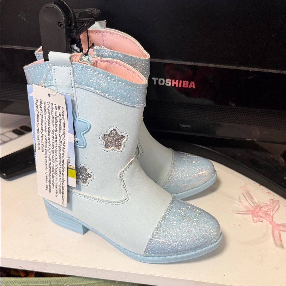 Girls Light Bluey Glitter Cowboy Boots